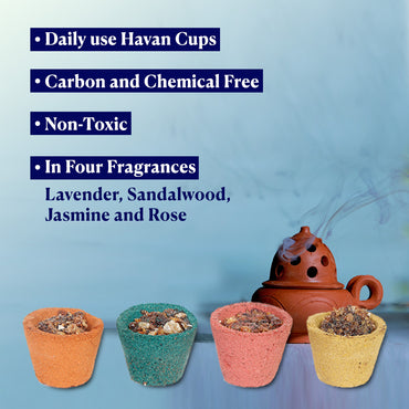 Four in One Sambrani Havan Cups with 4 Uplifting Fragrances Of Tulsi, Sandalwood, Camphor and Hawan Samagri - 12 Cups in Each Box