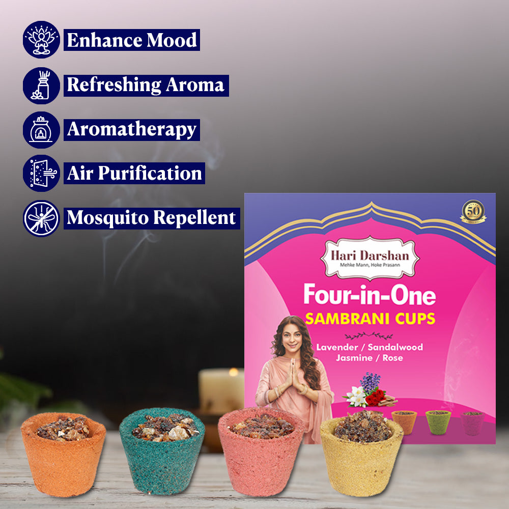 4 in 1 Sambrani Havan Cups with 4 Uplifting Fragrances Of Tulsi, Sandalwood, Camphor and Hawan Samagri - 12 Cups in Each Box