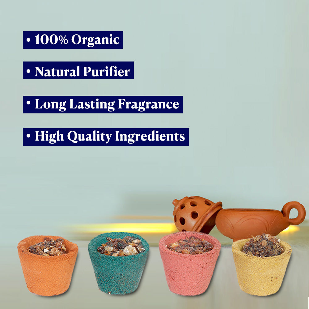 Four in One Sambrani Havan Cups with 4 Uplifting Fragrances Of Tulsi, Sandalwood, Camphor and Hawan Samagri - 12 Cups in Each Box