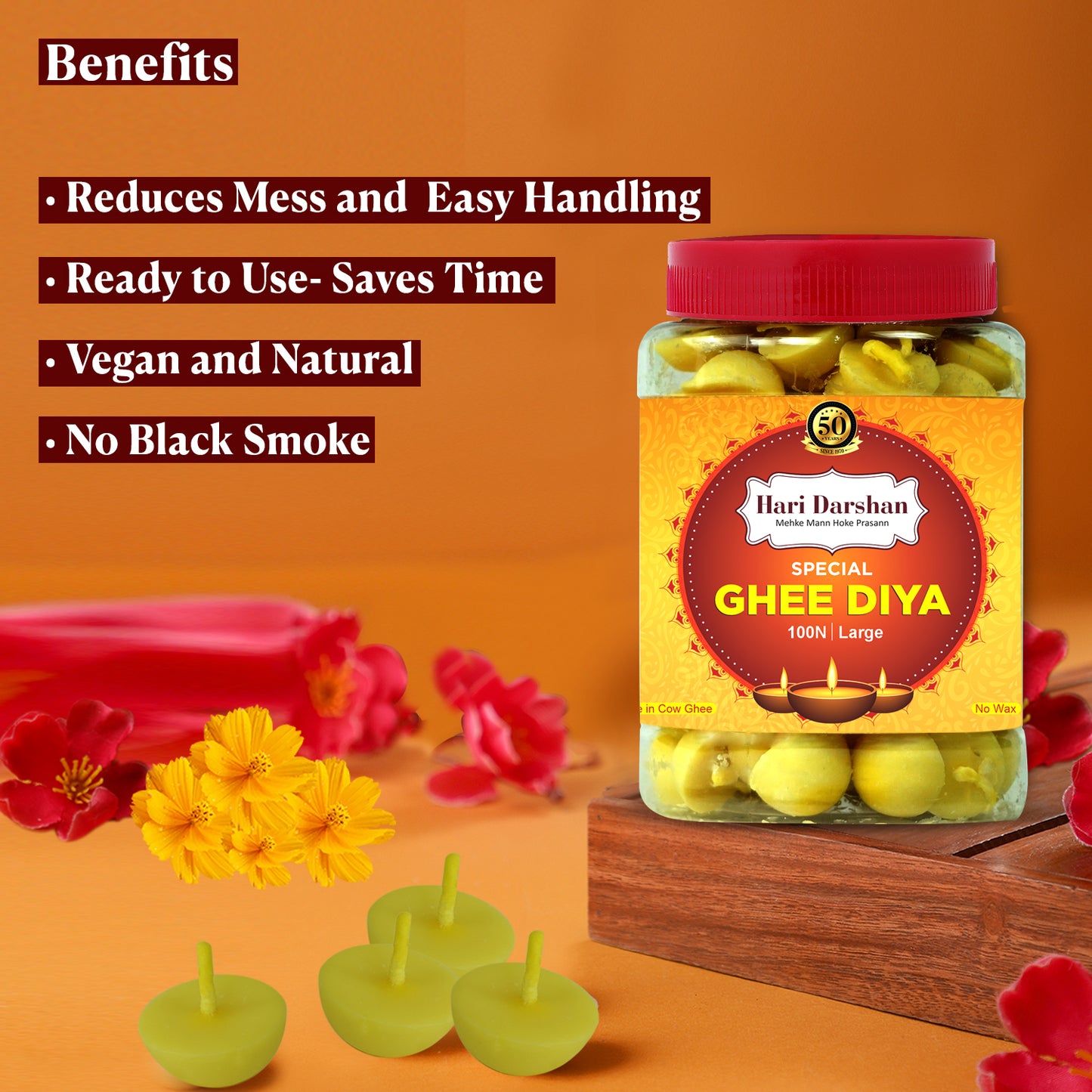 Ghee Diya - Made With Cow Ghee - Ready-to-Use - 45 Minutes Burning Time - 100pc Large Diya