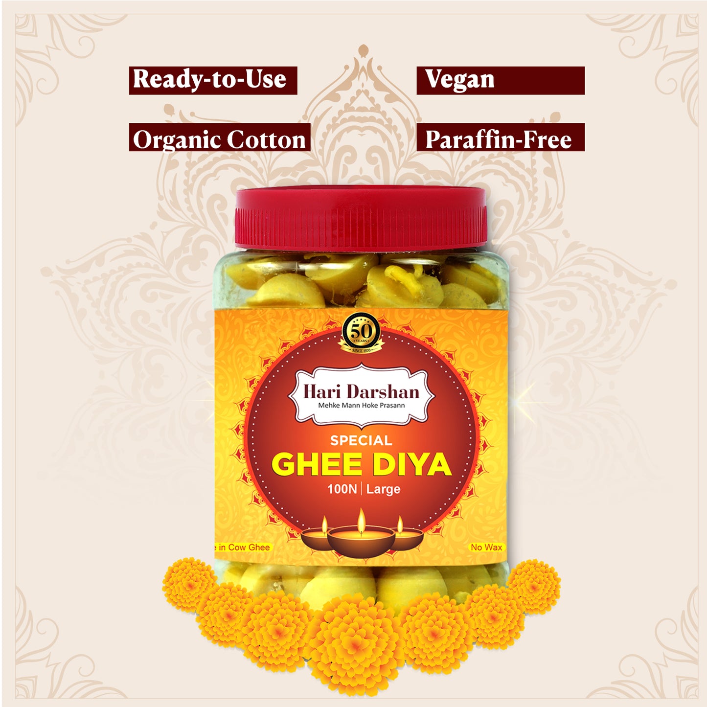 Ghee Diya - Made With Cow Ghee - Ready-to-Use - 45 Minutes Burning Time - 100pc Large Diya