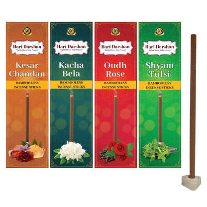 Bamboo Less Incense Sticks | Oudh Rose |Shyam Tulsi | Kacha Bela | Kesar Chandan – Pack of 4, 30 Sticks Each with Holder