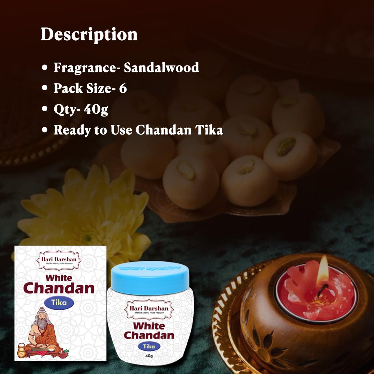 Safed Chandan Tika - Made with Pure white Sandalwood Powder, Saffron  and other Natural herbs - 40g Pack of 6