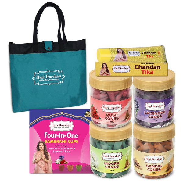 Dry Dhoop Cones Combo - (Pack of 4, 125g Each) & with Four in One Sambrani Cups and Yellow Chandan Tika with Free Bag