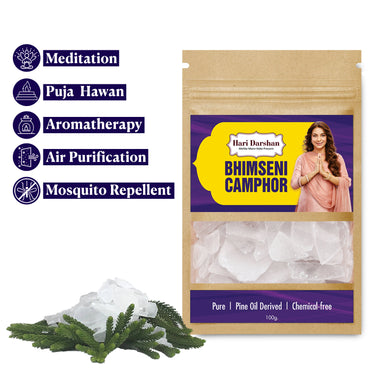 Pure Bhimseni Camphor - Pure Kapur crystals - For Pooja, Meditation, Havan or Room Freshener - 100g