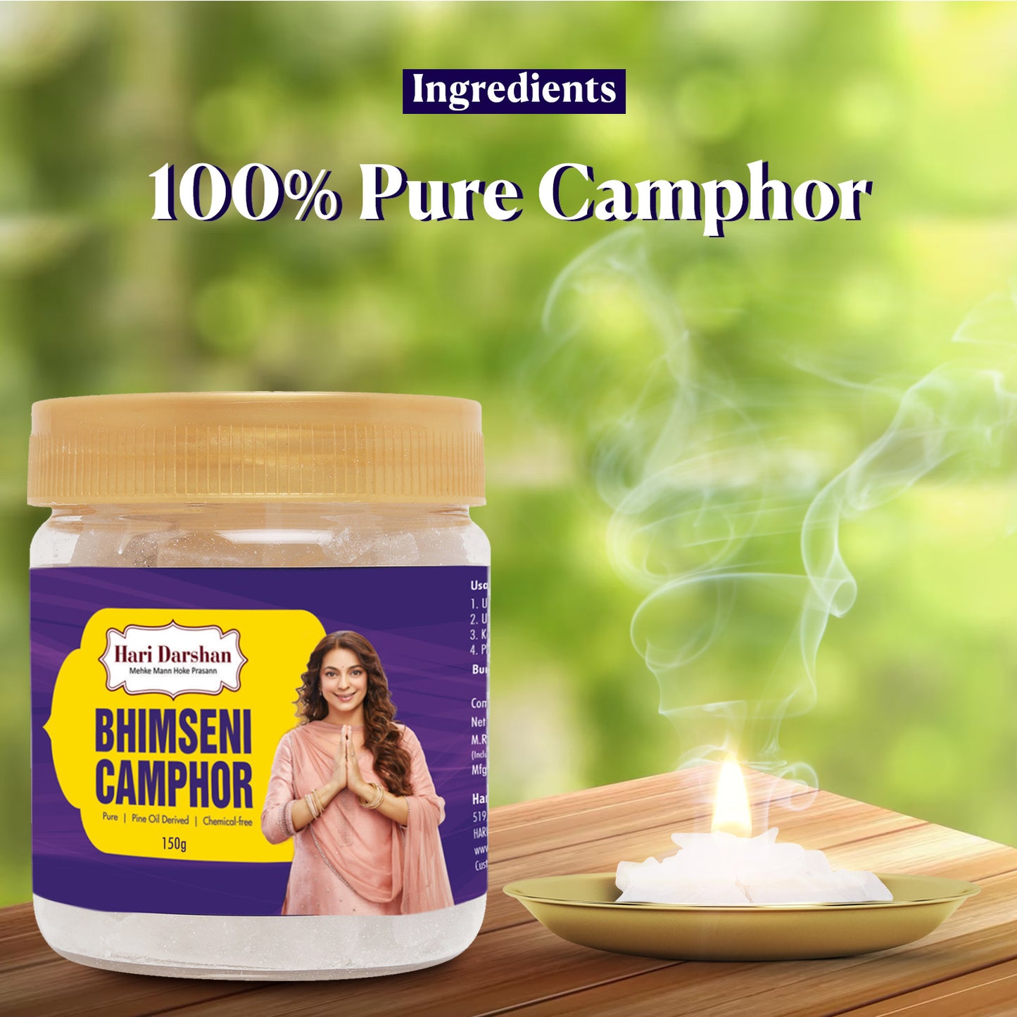 Pure Bhimseni Camphor - Pure Kapur Crystals - For Pooja, Meditation, Havan or Room Freshener - Jar - 150g