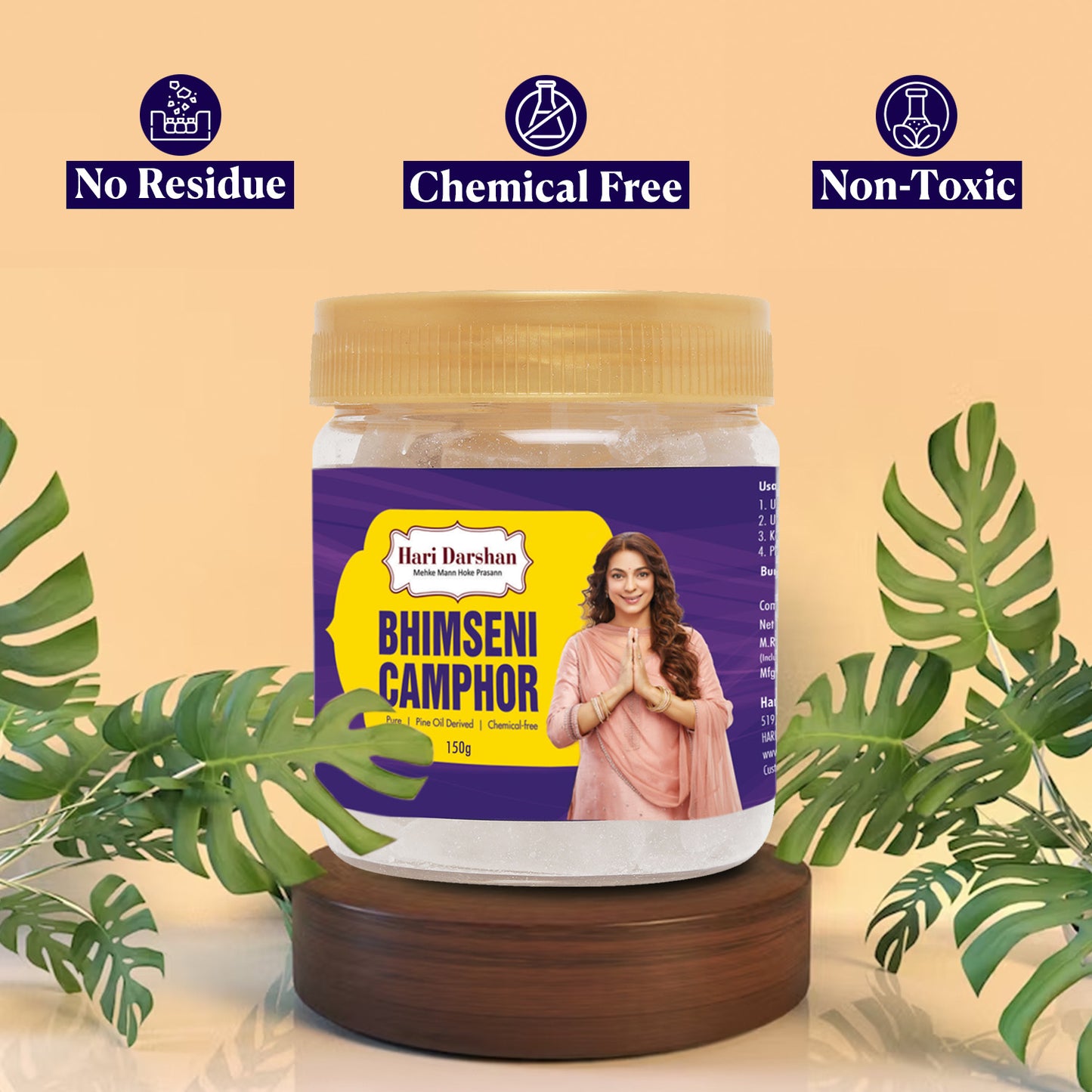 Pure Bhimseni Camphor - Pure Kapur Crystals - For Pooja, Meditation, Havan or Room Freshener - Jar - 150g