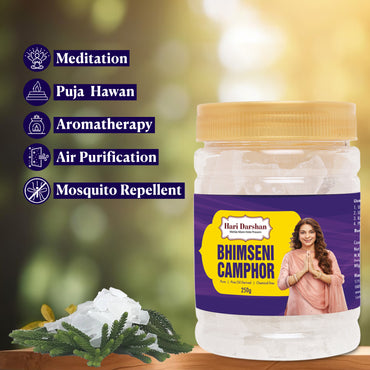 Pure Bhimseni Camphor - Pure Kapur Crystals - For Pooja, Meditation, Havan or Room Freshener - Jar - 250g