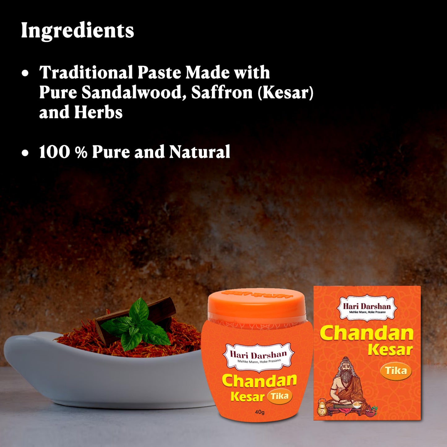 Chandan Kesar Tika - Made with Pure Mysore sandalwood Paste + Saffron with Powerful Mantras - 40g