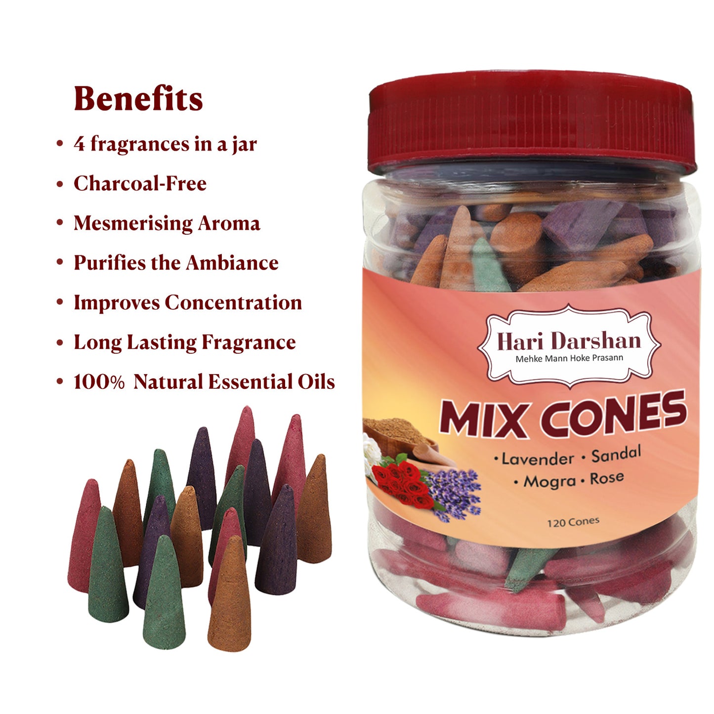 Dhoop Mix Cones - Rose, Mogra, Lavender & Sandal Jar - Approx 120 cones, 30 cones Each