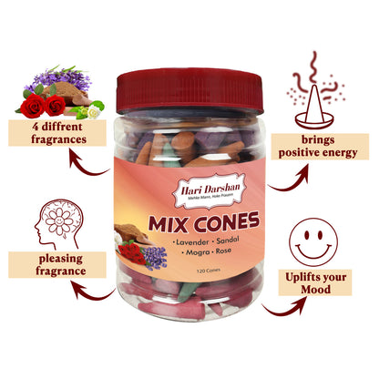 Dhoop Mix Cones - Rose, Mogra, Lavender & Sandal Jar - Approx 120 cones, 30 cones Each