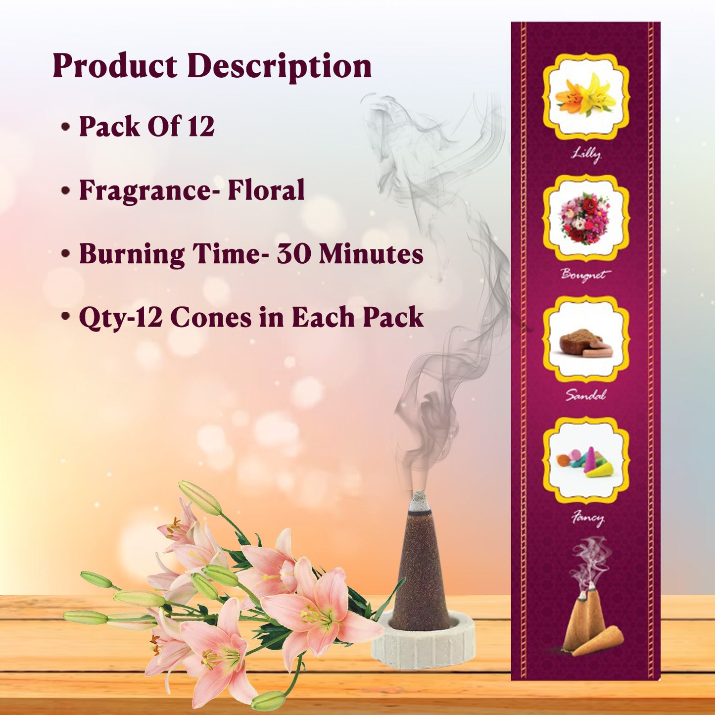 Multi Fragrance Mixed Dhoop Cones - Lilly, Bouquet, Fancy & Sandal - Purifies Environment and Uplifts the mood - 12 packets of 12 cones each