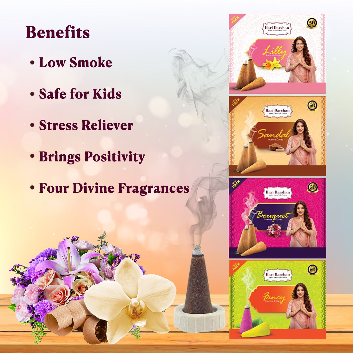 Multi Fragrance Mixed Dhoop Cones - Lilly, Bouquet, Fancy & Sandal - Purifies Environment and Uplifts the mood - 12 packets of 12 cones each