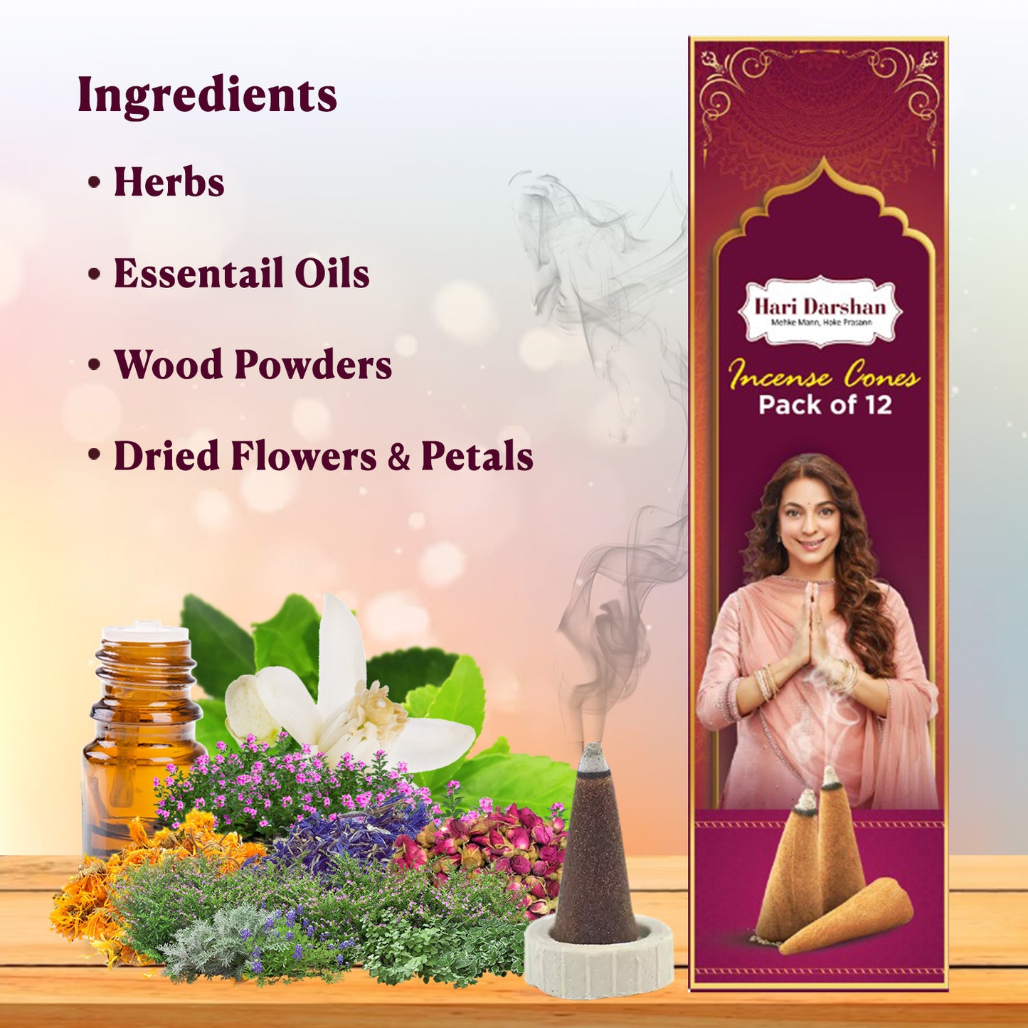 Multi Fragrance Mixed Dhoop Cones - Lilly, Bouquet, Fancy & Sandal - Purifies Environment and Uplifts the mood - 12 packets of 12 cones each