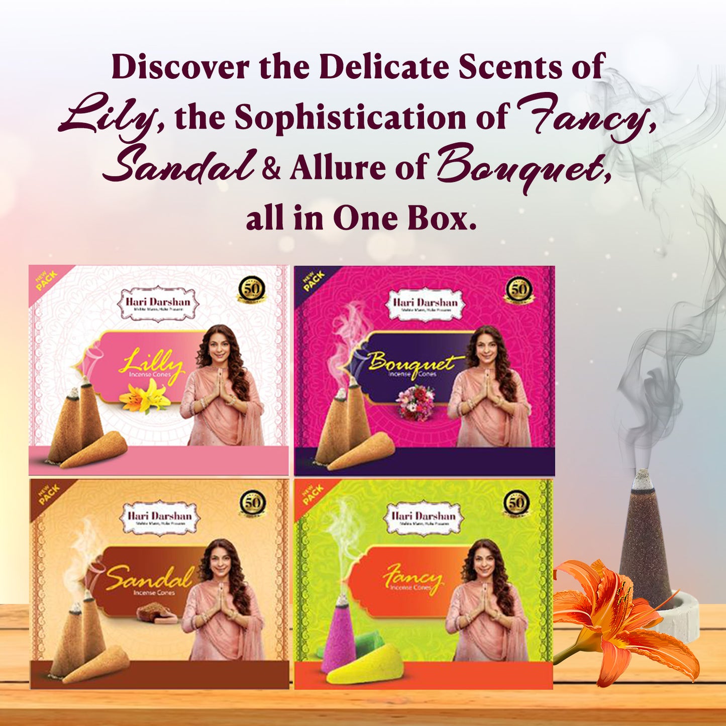 Multi Fragrance Mixed Dhoop Cones - Lilly, Bouquet, Fancy & Sandal - Purifies Environment and Uplifts the mood - 12 packets of 12 cones each