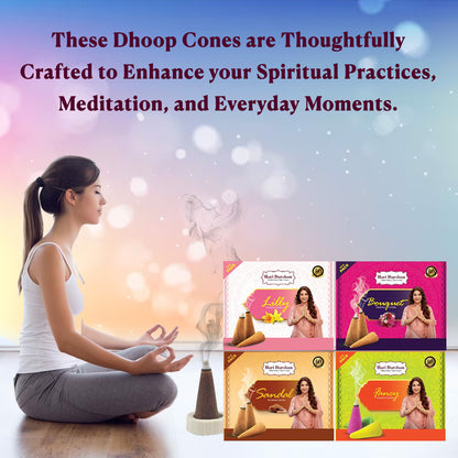 Multi Fragrance Mixed Dhoop Cones - Lilly, Bouquet, Fancy & Sandal - Purifies Environment and Uplifts the mood - 12 packets of 12 cones each