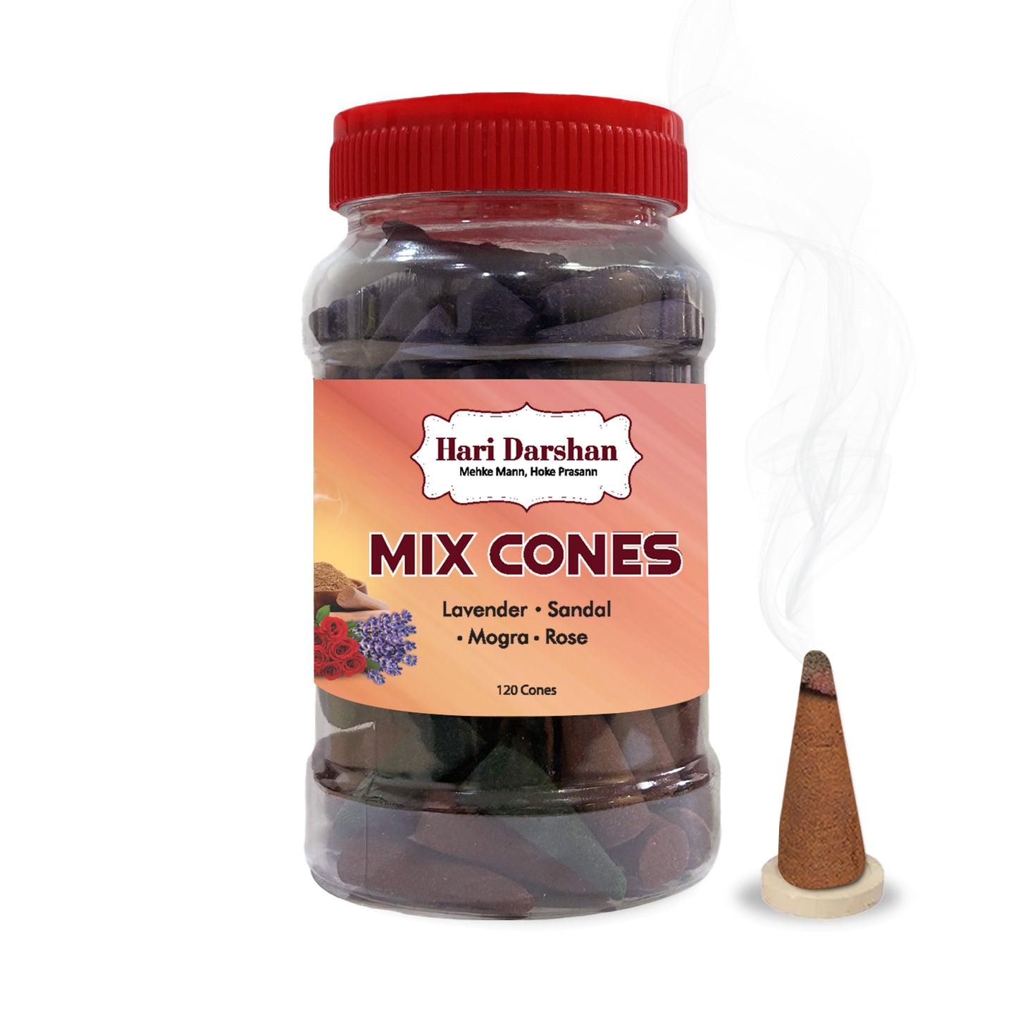 Dhoop Mix Cones - Rose, Mogra, Lavender & Sandal Jar - Approx 120 cones, 30 cones Each