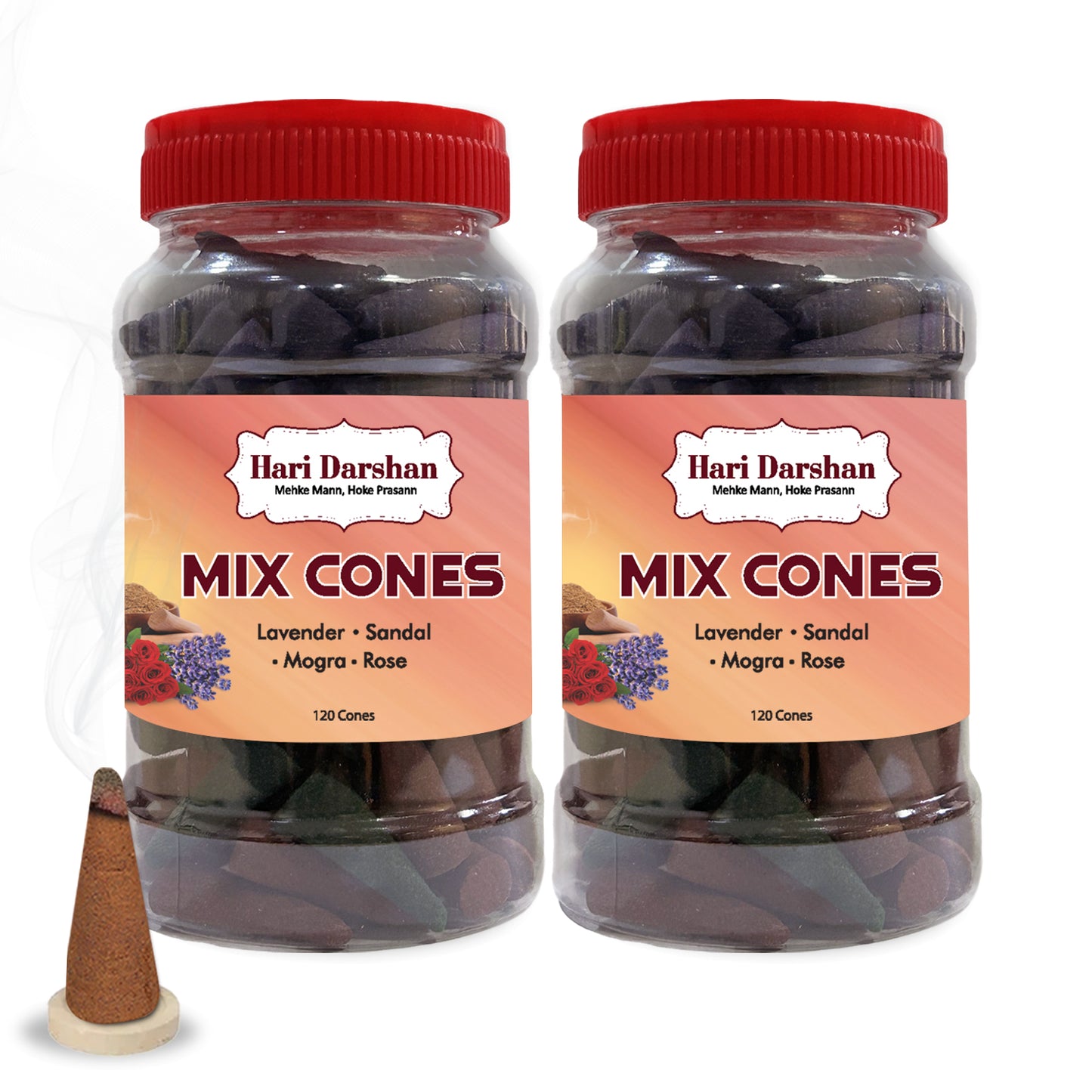 Dhoop Mix Cones - Rose, Mogra, Lavender & Sandal Jar - Approx 120 cones, 30 cones Each