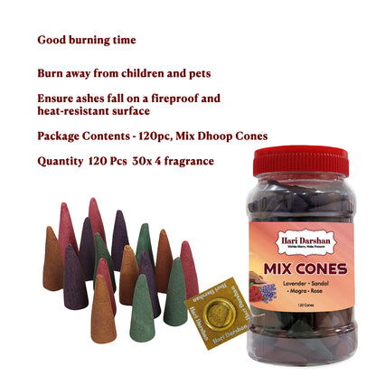 Dhoop Mix Cones - Rose, Mogra, Lavender & Sandal Jar - Approx 120 cones, 30 cones Each