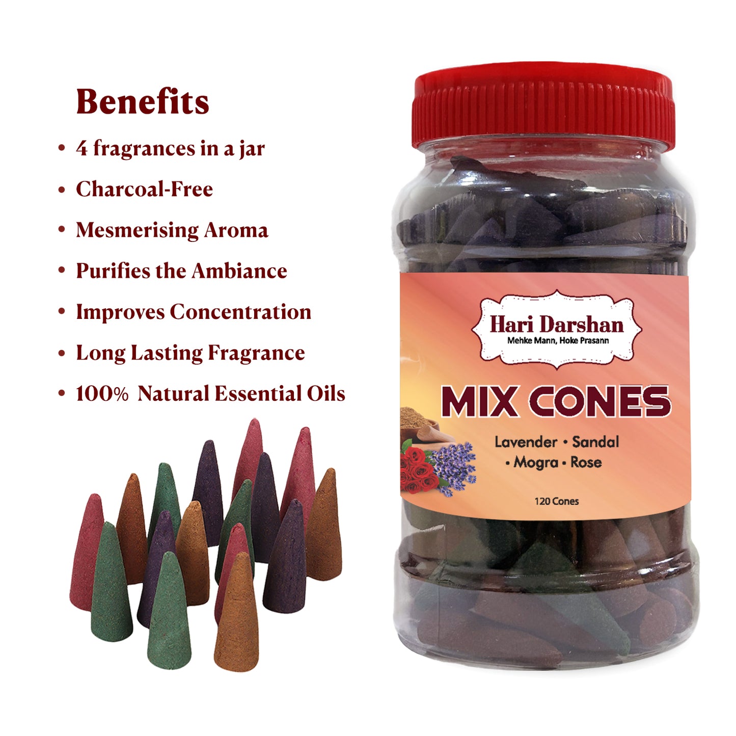 Dhoop Mix Cones - Rose, Mogra, Lavender & Sandal Jar - Approx 120 cones, 30 cones Each