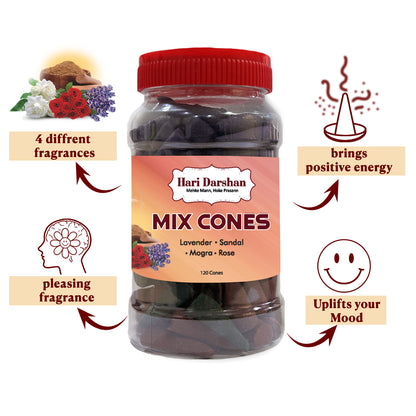 Dhoop Mix Cones - Rose, Mogra, Lavender & Sandal Jar - Approx 120 cones, 30 cones Each