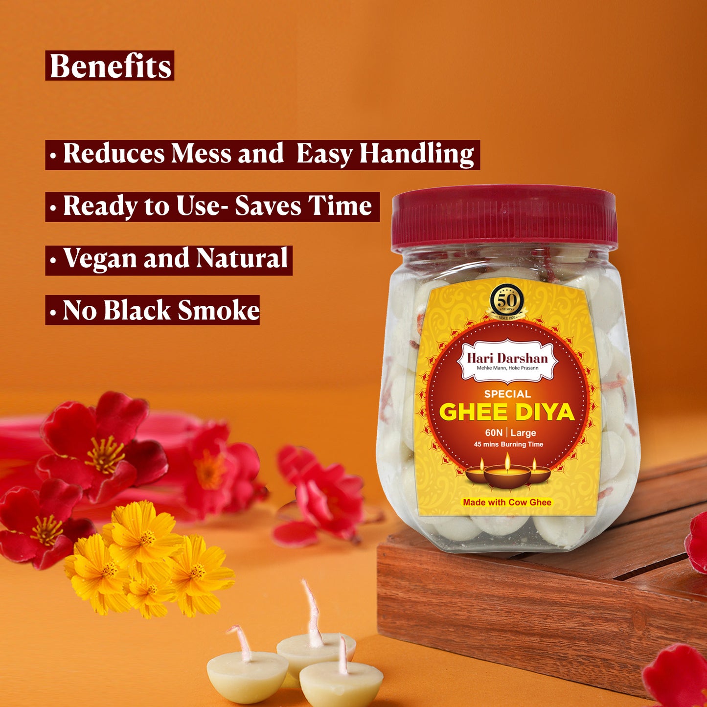 Ghee Diya - Made With Cow Ghee - Ready-to-Use - 45 Minutes Burning Time - 60pc Large Diya