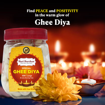 Ghee Diya - Made With Cow Ghee - Ready-to-Use - 45 Minutes Burning Time - 60pc Large Diya