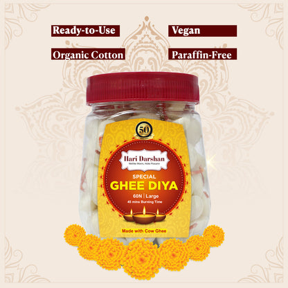 Ghee Diya - Made With Cow Ghee - Ready-to-Use - 45 Minutes Burning Time - 60pc Large Diya