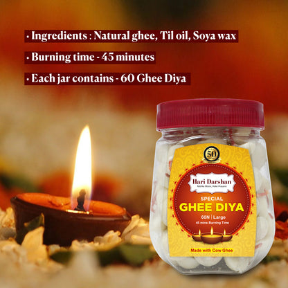 Ghee Diya - Made With Cow Ghee - Ready-to-Use - 45 Minutes Burning Time - 60pc Large Diya