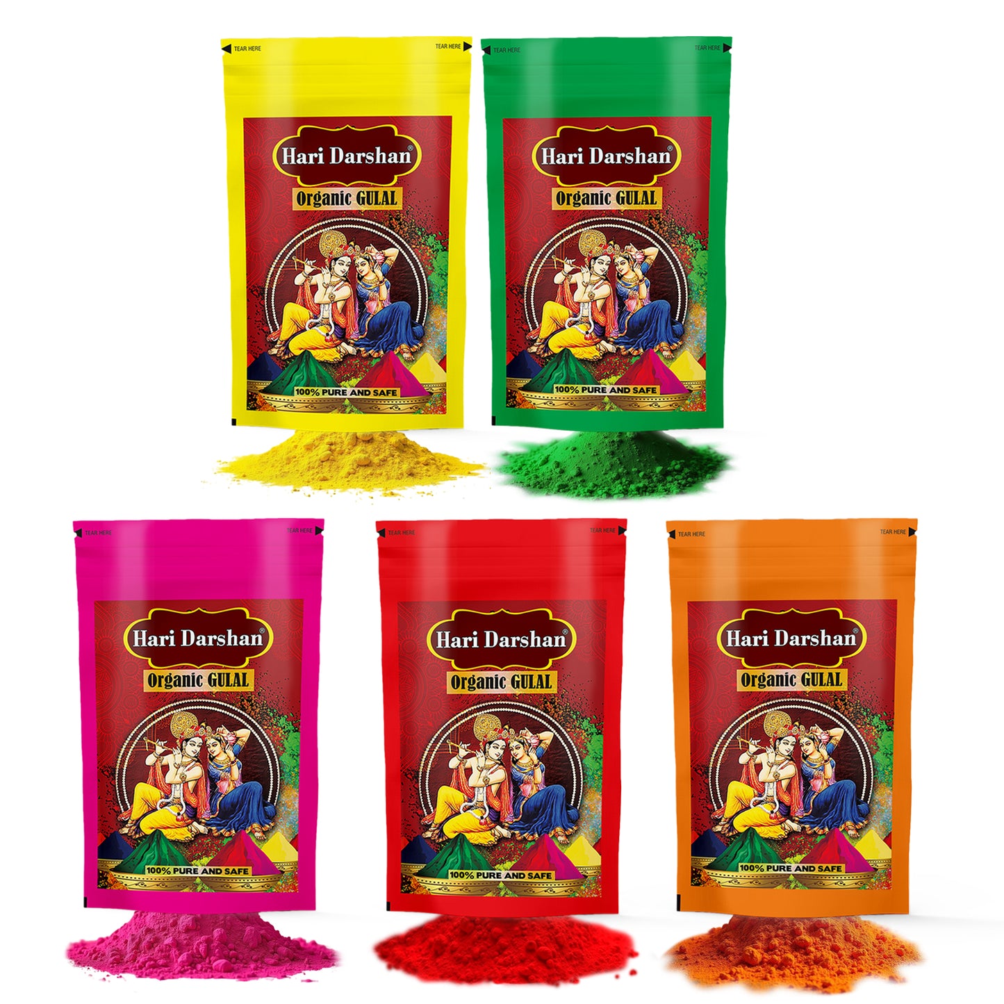 Organic Gulal - Five Pack of Assorted Colors