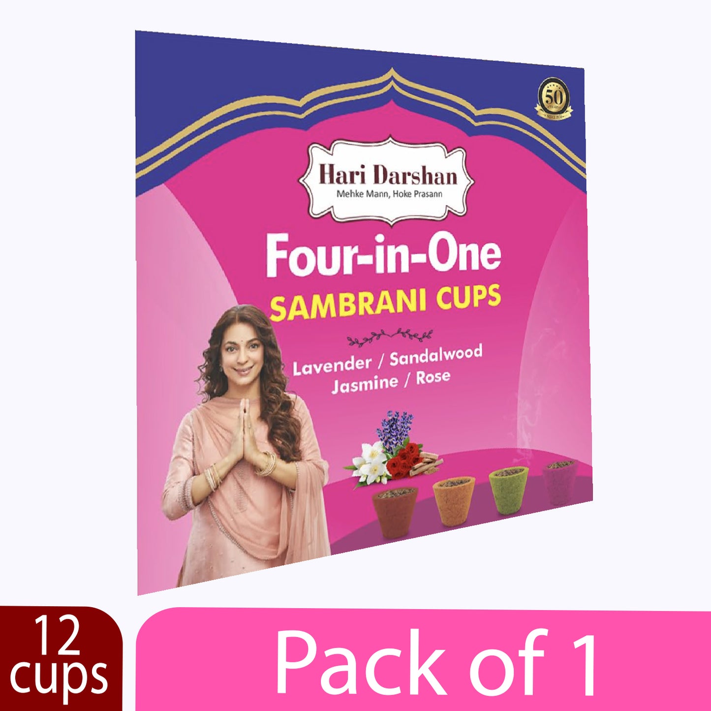 4 in 1 Sambrani Havan Cups with 4 Uplifting Fragrances Of Tulsi, Sandalwood, Camphor and Hawan Samagri - 12 Cups in Each Box