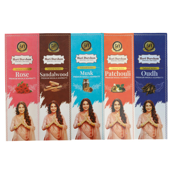 Premium Masala Agarbatti Combo of Sandalwood, Rose, Patchouli, Oudh, Musk, Handmade Natural Series - 60g Each -Approx 39 sticks in each box- Pack of 5