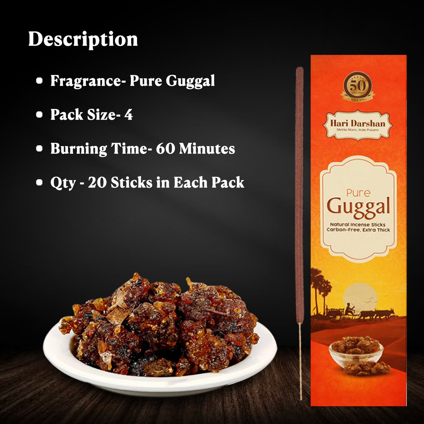 Pure GUGGAL Natural Incense Carbon Free Agarbatti for Pooja, Air Purifier & Meditation - 60g approx 20 sticks in each -Pack of 4