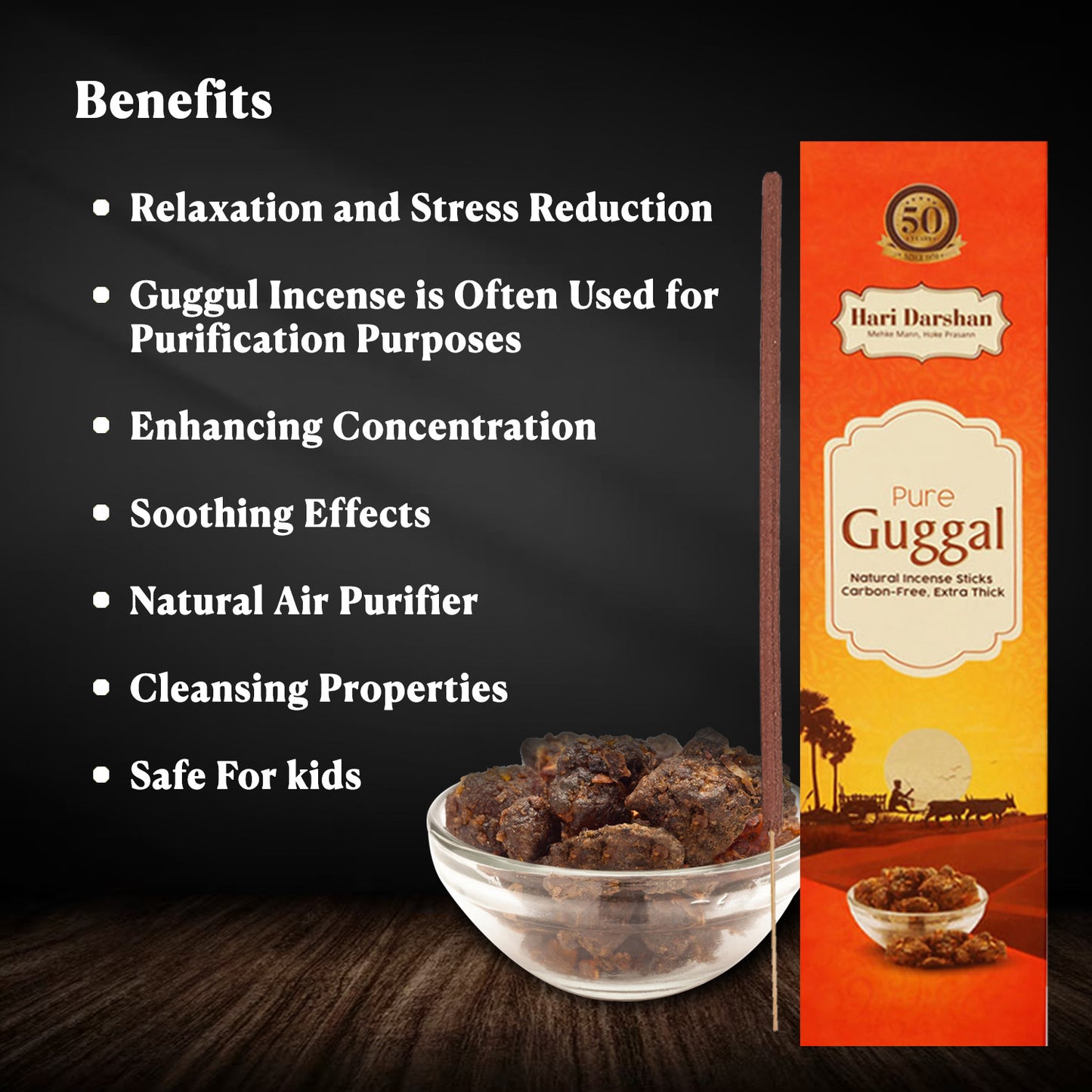 Pure GUGGAL Natural Incense Carbon Free Agarbatti for Pooja, Air Purifier & Meditation - 60g approx 20 sticks in each -Pack of 4