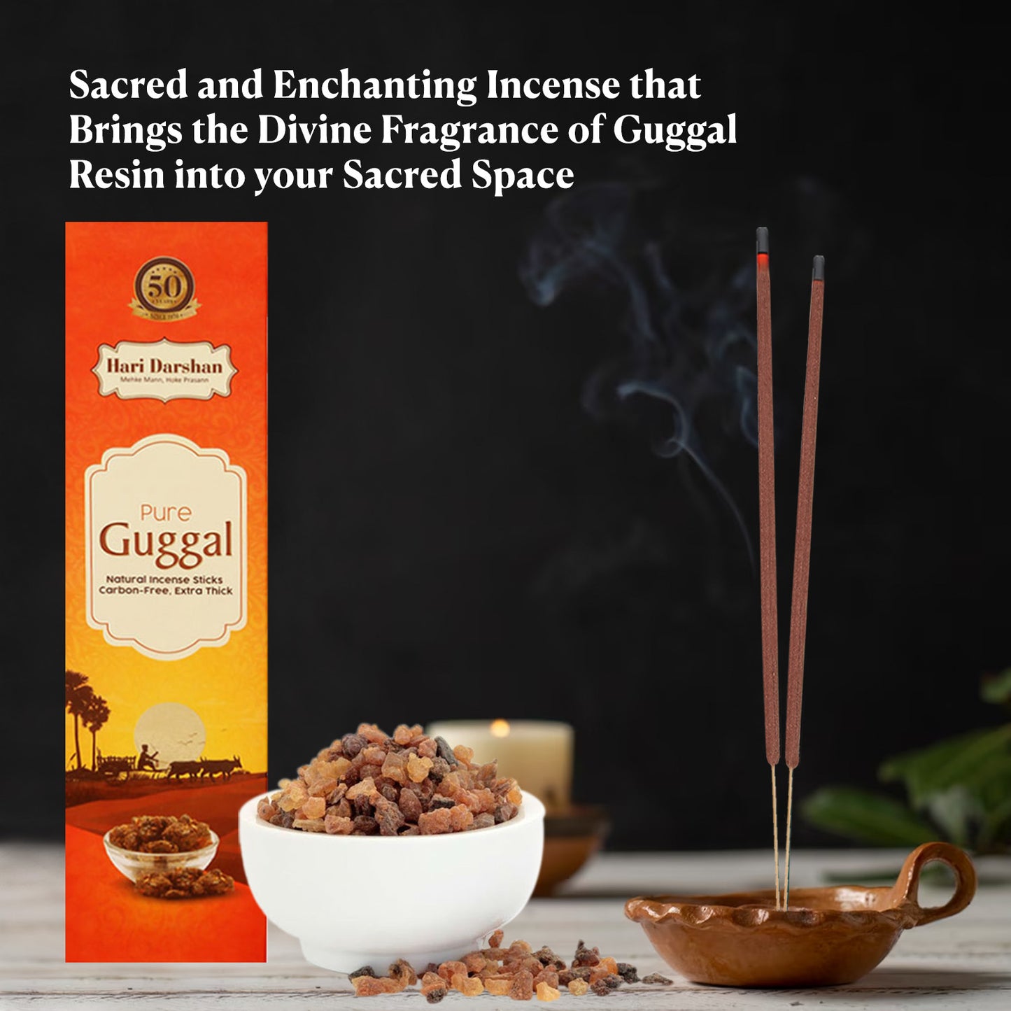 Pure GUGGAL Natural Incense Carbon Free Agarbatti for Pooja, Air Purifier & Meditation - 60g approx 20 sticks in each -Pack of 4