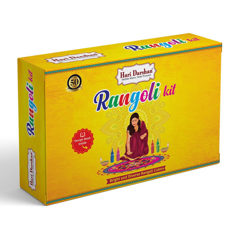 Hari Darshan Rangoli Kit - Set of 9 Rangoli Colours 100g each in 5 bottles with dispenser and 4 glitter Color in packets, 2 Design Stencils, 1 Decorative Swastik and Rangoli Design book.