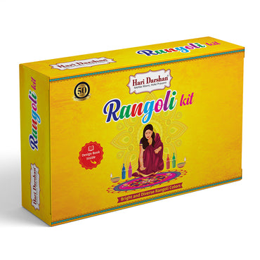 Hari Darshan Rangoli Kit - Set of 9 Rangoli Colours 100g each in 5 bottles with dispenser and 4 glitter Color in packets, 2 Design Stencils, 1 Decorative Swastik and Rangoli Design book.