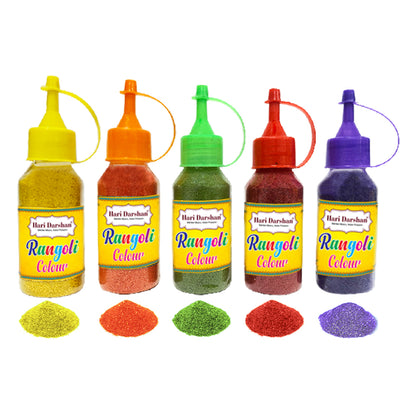 Hari Darshan Rangoli Kit - Set of 9 Rangoli Colours 100g each in 5 bottles with dispenser and 4 glitter Color in packets, 2 Design Stencils, 1 Decorative Swastik and Rangoli Design book.