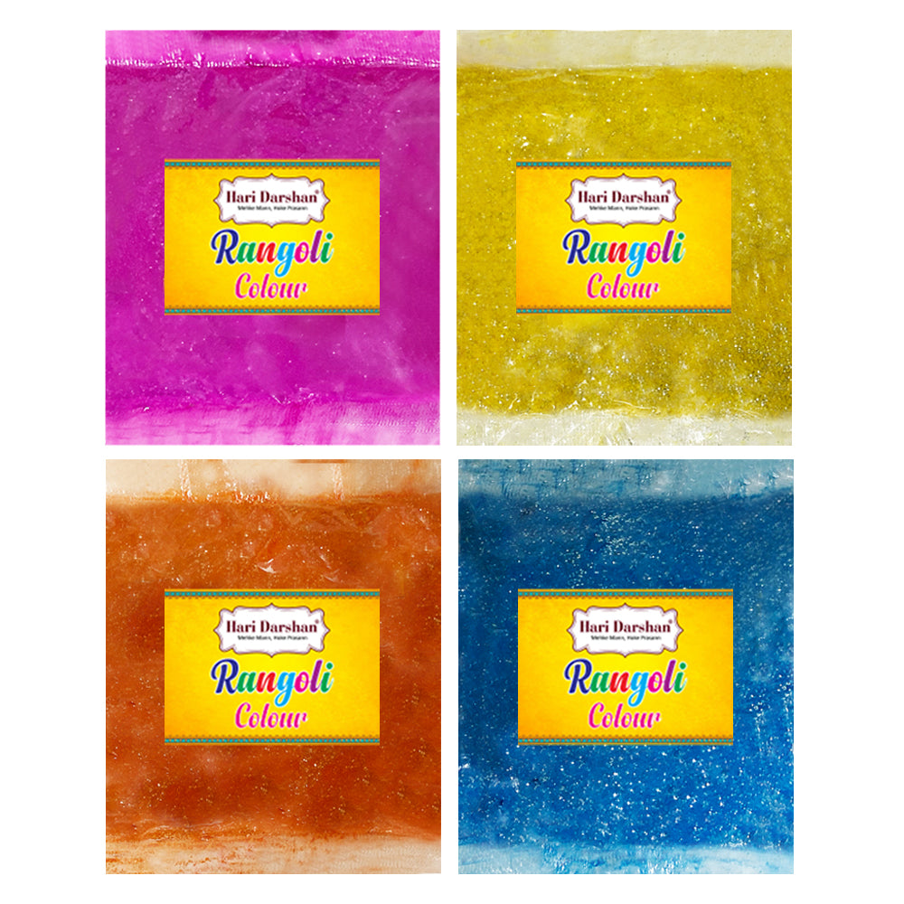 Hari Darshan Rangoli Kit - Set of 9 Rangoli Colours 100g each in 5 bottles with dispenser and 4 glitter Color in packets, 2 Design Stencils, 1 Decorative Swastik and Rangoli Design book.