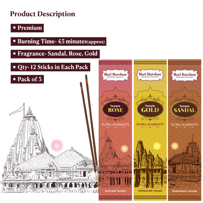 Temple Flora Agarbatti Combo of 3 - Rose ,Sandal and Gold - 12 sticks in each - Hand made Masala Agarbatti  - Pack of 3