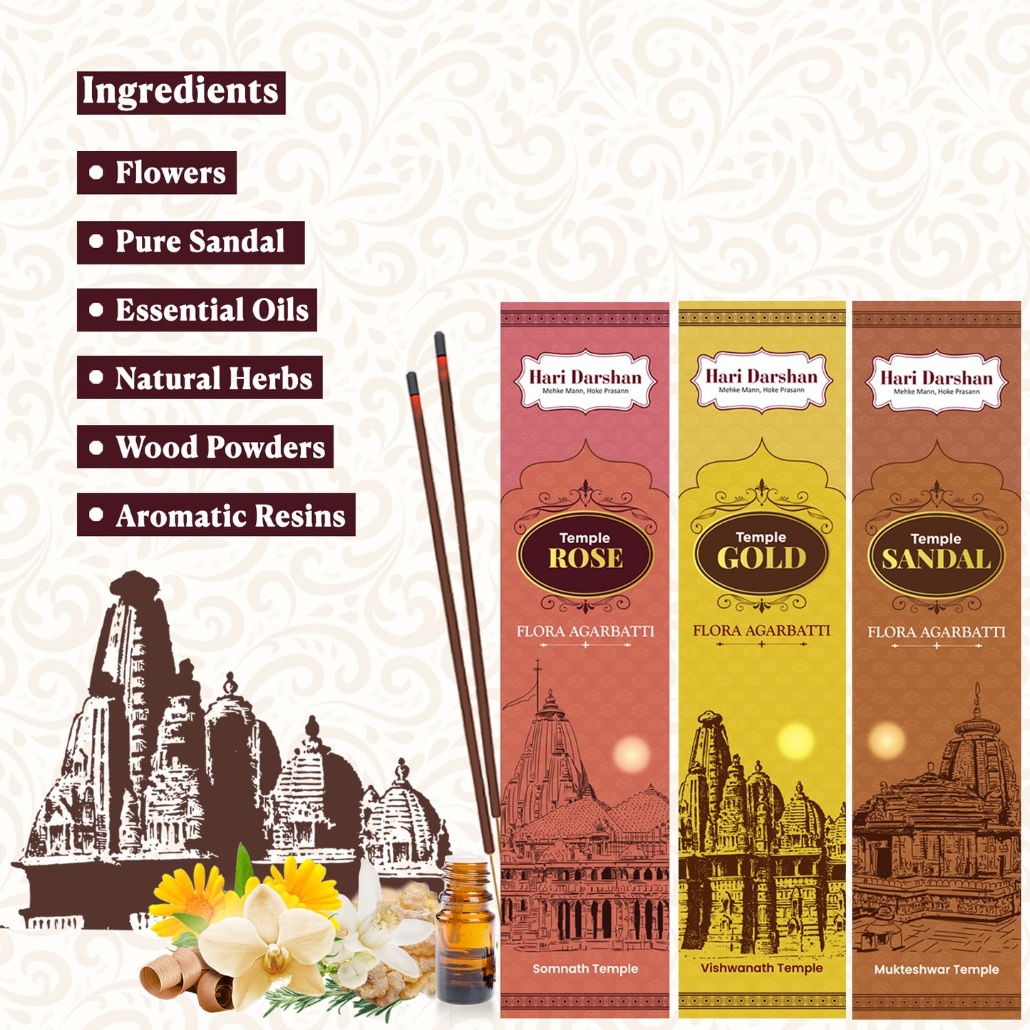 Temple Flora Agarbatti Combo of 3 - Rose ,Sandal and Gold - 12 sticks in each - Hand made Masala Agarbatti  - Pack of 3