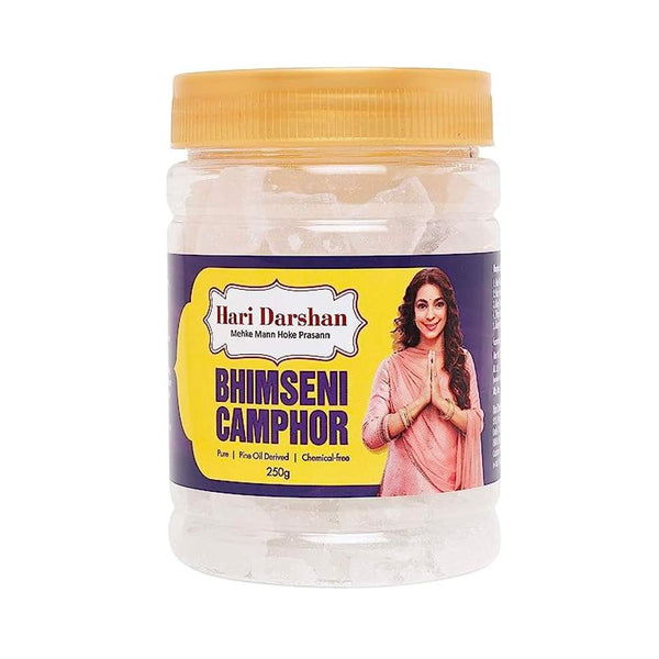 Pure Bhimseni Camphor - Pure Kapur Crystals - For Pooja, Meditation, Havan or Room Freshener - Jar - 250g